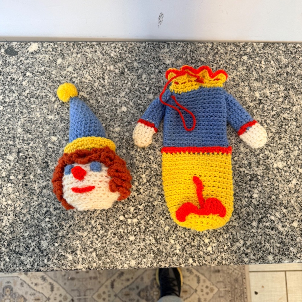 Vintage Crochet Clown Pajama Bag Unisex OS Blue Yellow Acrylic Yarn